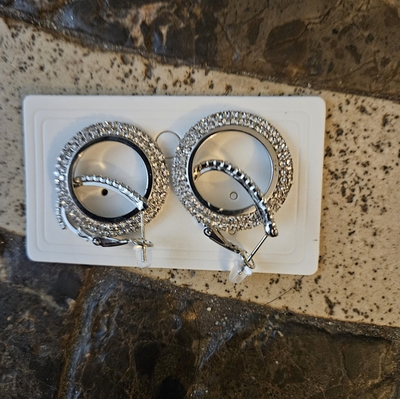 1 PAIR Double Hoop silver earrings BLING - Picture 2 of 2
